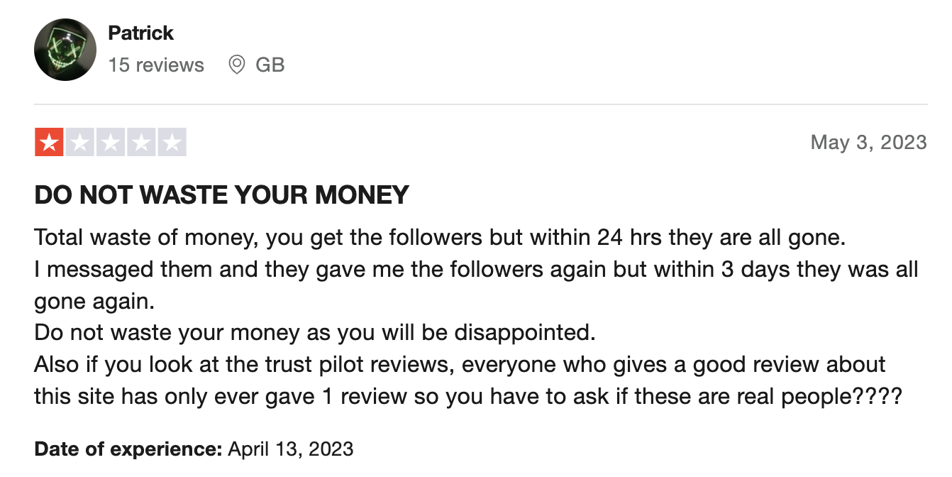 Mr. Insta review on trustpilot by Patrick